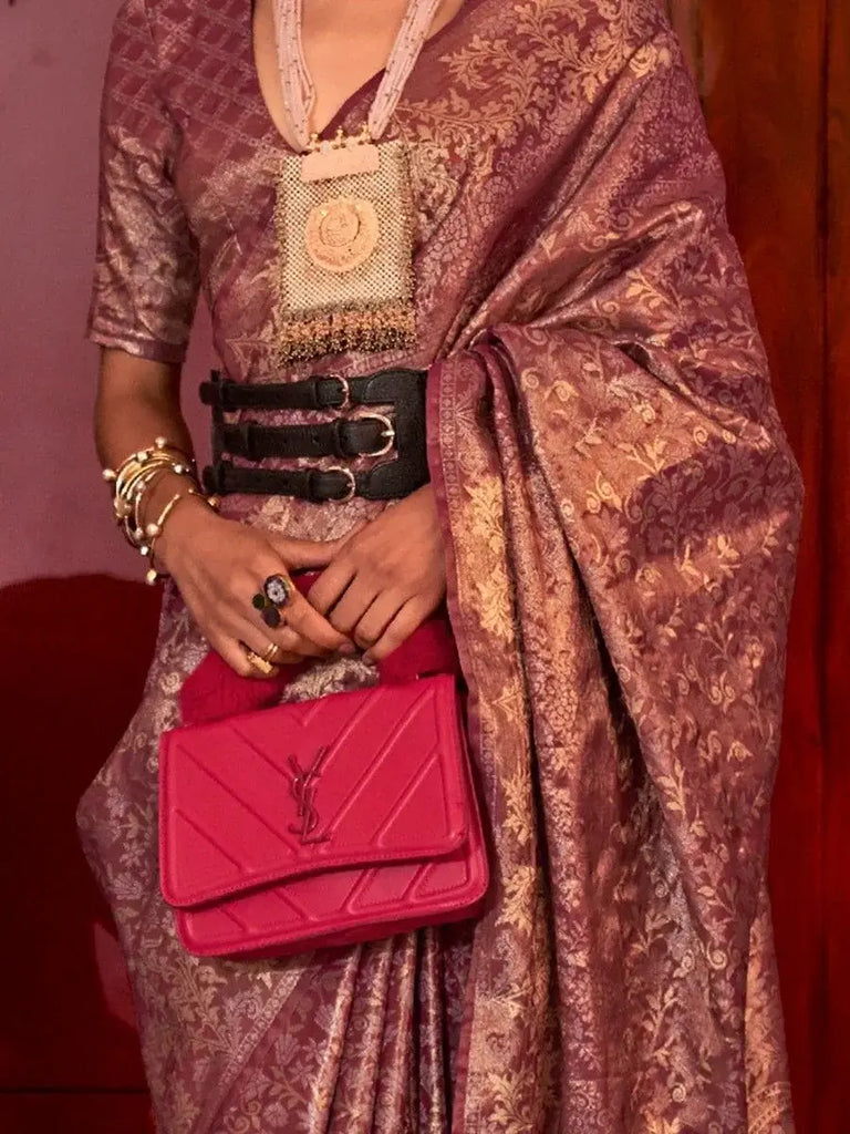 Stunning Rani Pink Zari Woven Silk Event Wear Saree With Blouse