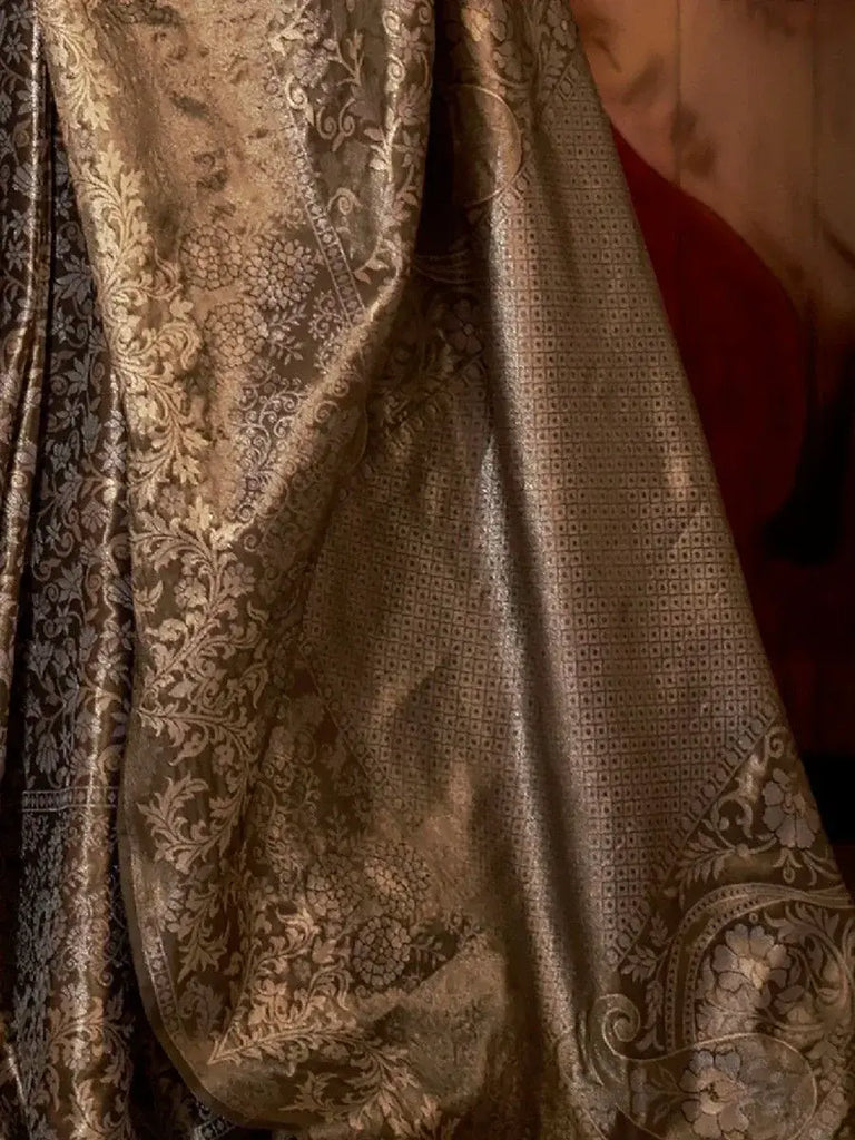 Glamorous Steal Grey Zari Woven Silk Designer Saree With Blouse