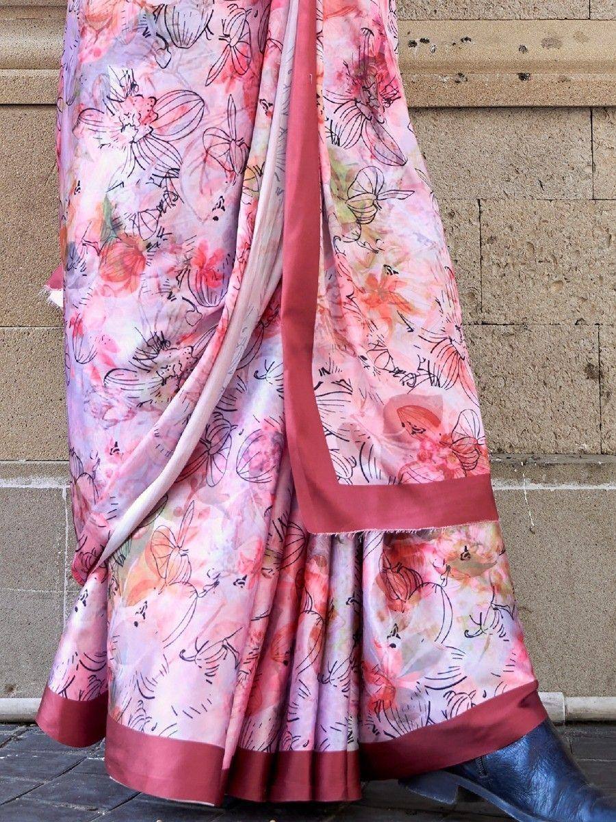 Pink floral printed saree with maroon border, stylish ethnic wear for women
