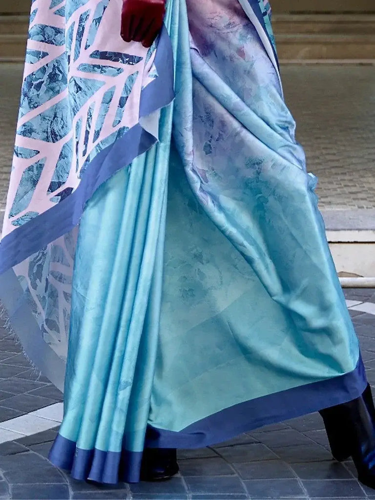 Beautiful Pink And Sky Blue Digital Printed Satin Party Wear Saree