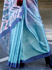 Beautiful Pink And Sky Blue Digital Printed Satin Party Wear Saree