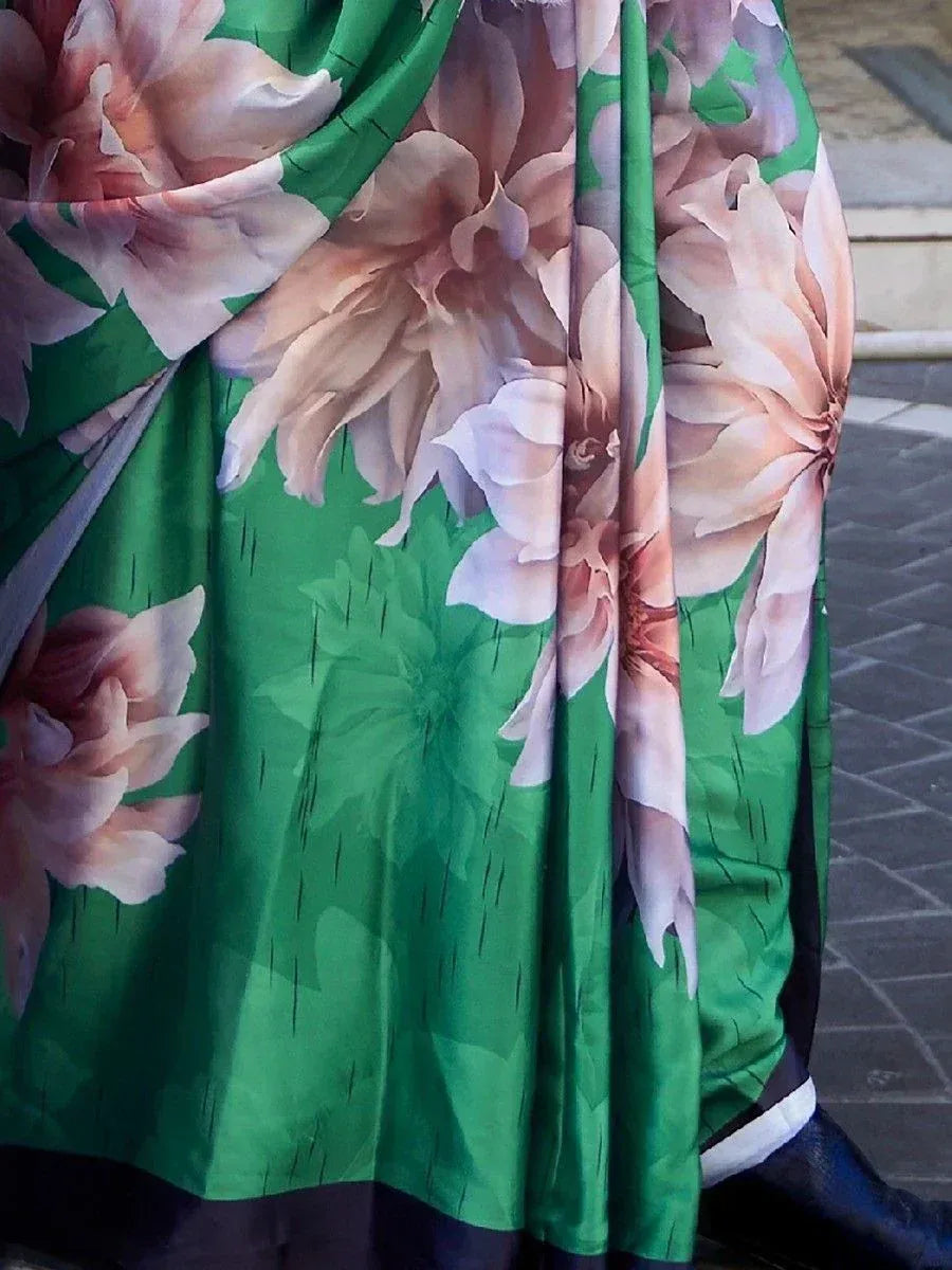 Green floral printed saree with peach blossoms, elegant ethnic wear for women
