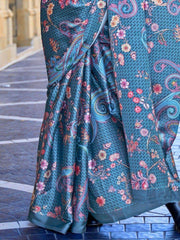 Awesome Teal Blue Floral Printed Satin Party Wear Saree