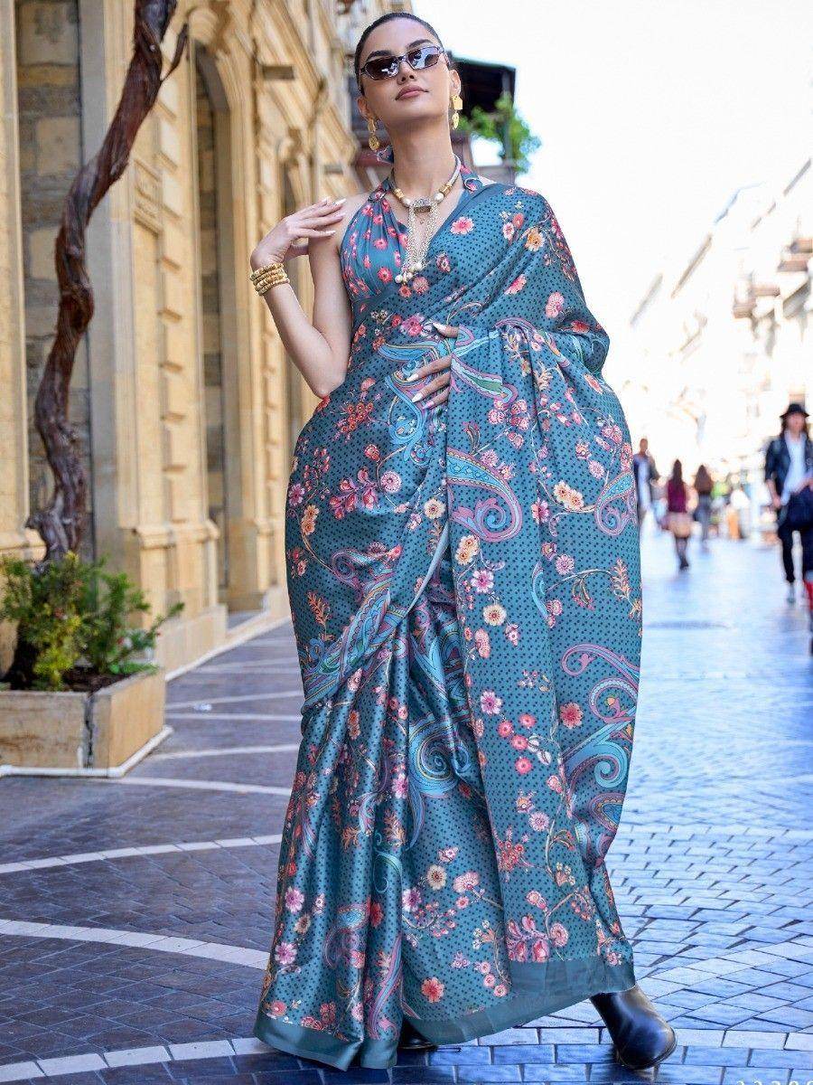 Awesome Teal Blue Floral Printed Satin Party Wear Saree