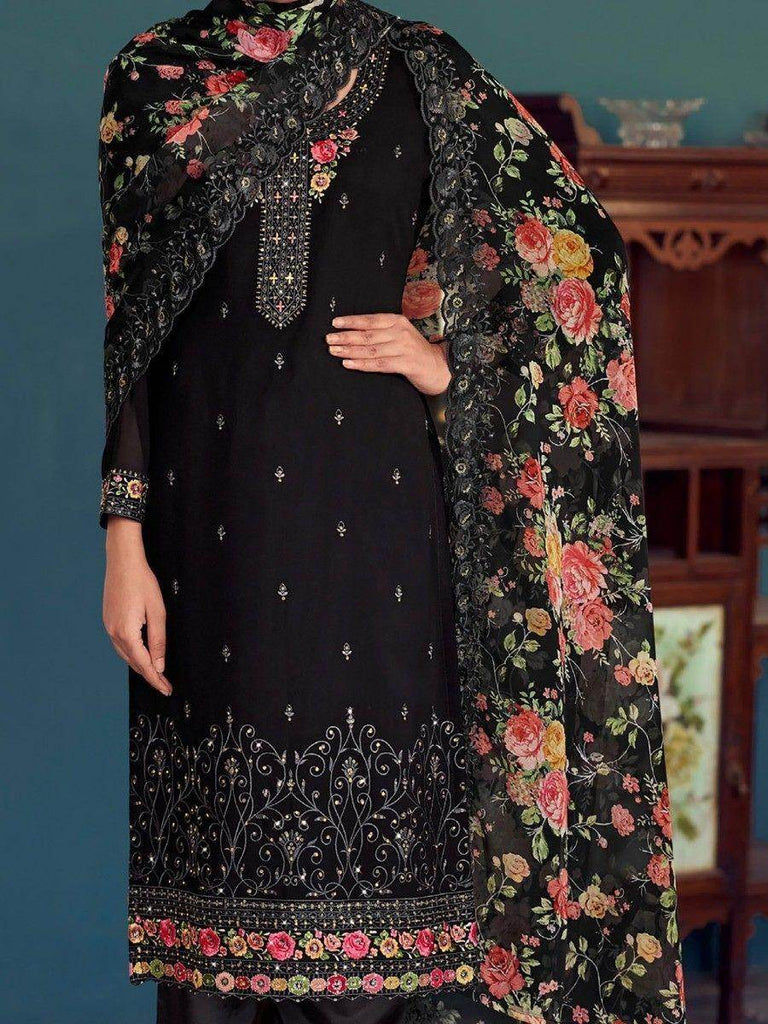 Beautiful Black Embroidered Georgette Pant Suit With Dupatta