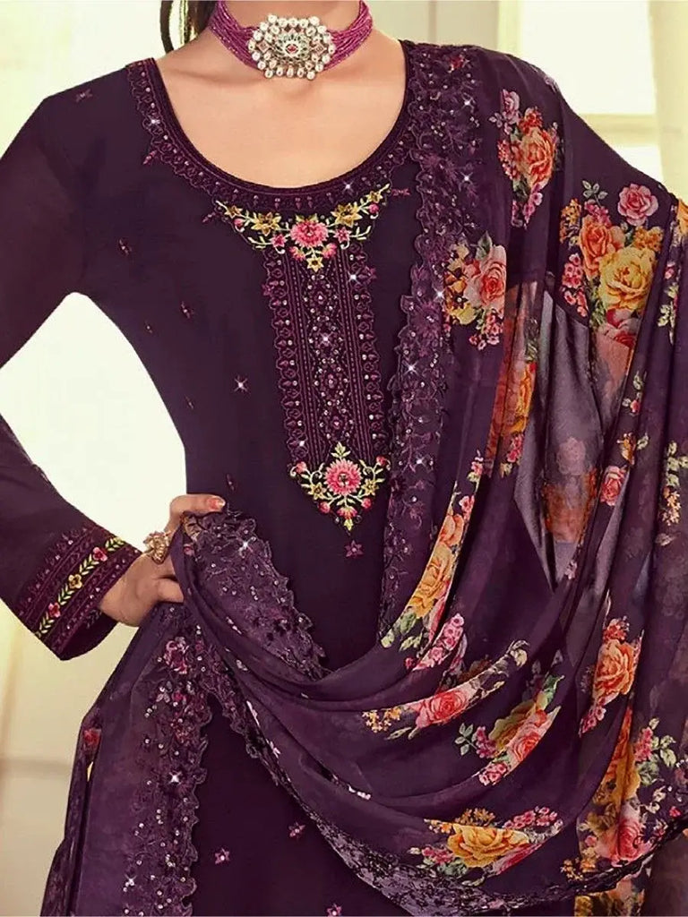 Glamorous Purple Embroidered Georgette Festival Wear Pant Suit