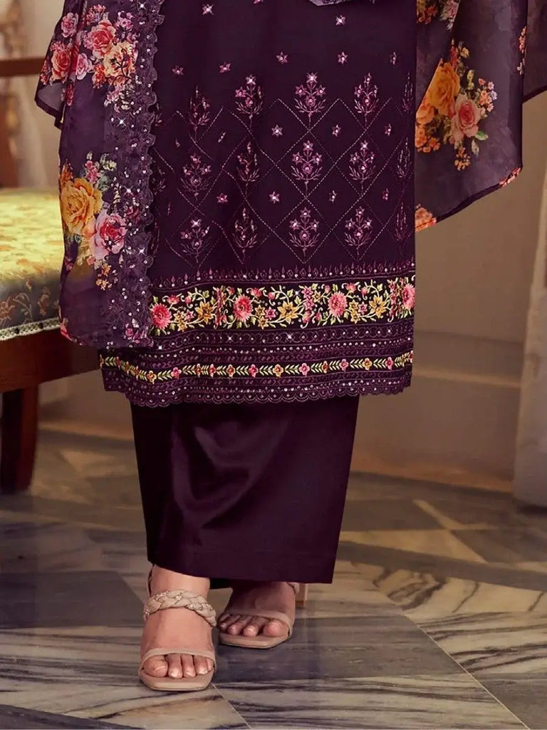 Glamorous Purple Embroidered Georgette Festival Wear Pant Suit
