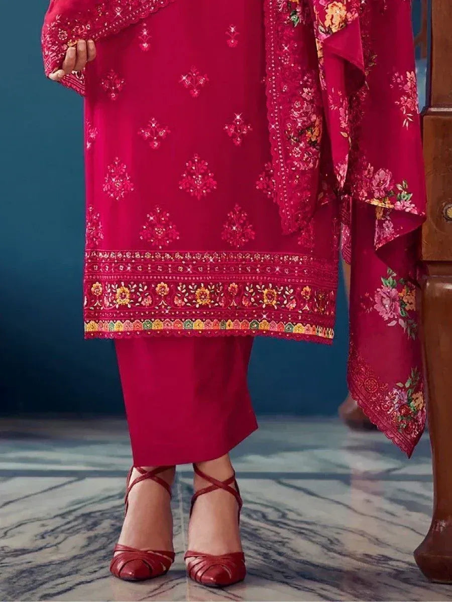 Red embroidered salwar kameez with floral dupatta, ethnic wear for women