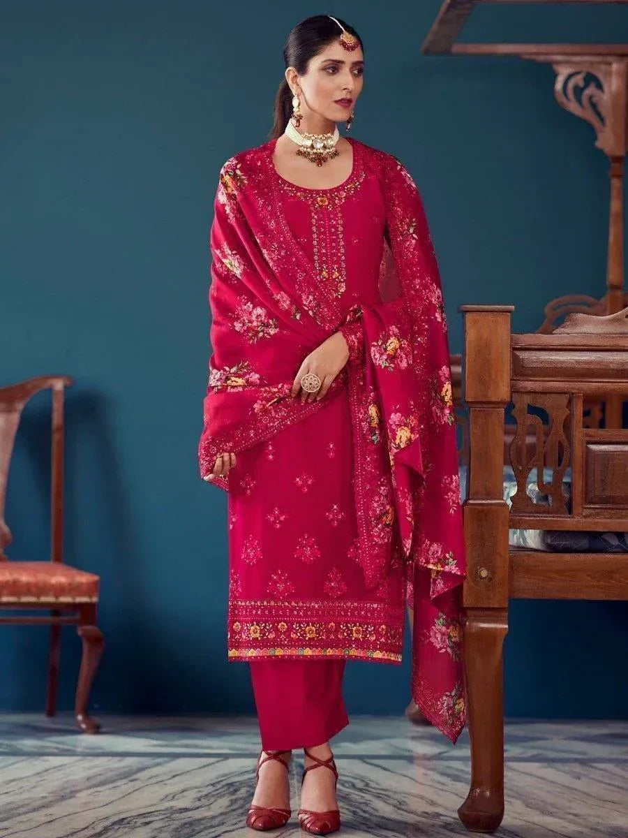 Red floral embroidered salwar kameez with matching dupatta, traditional Indian ethnic wear