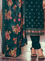 Marvelous Teal Blue Embroidered Georgette Traditional Pant Suit