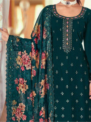 Marvelous Teal Blue Embroidered Georgette Traditional Pant Suit