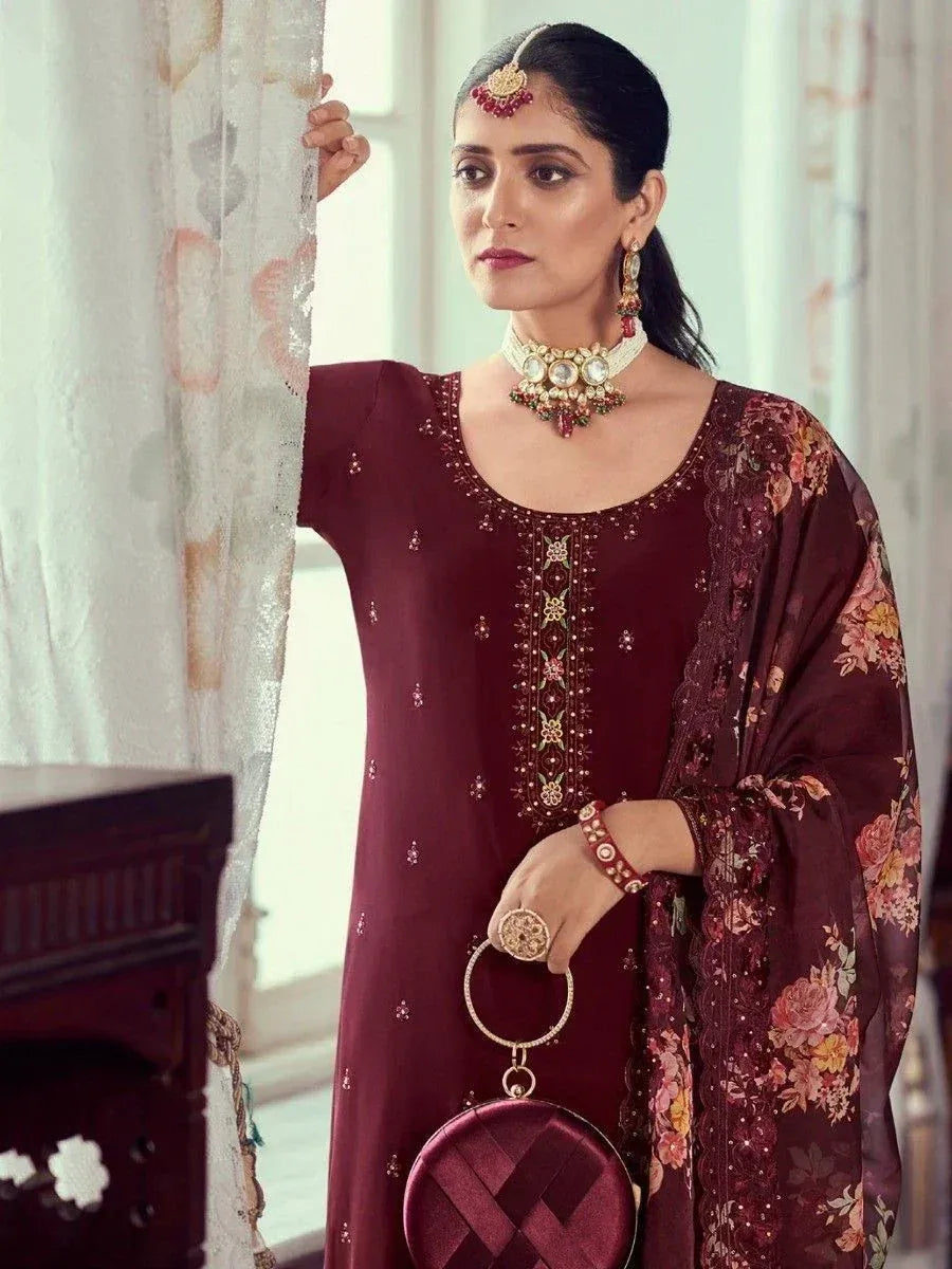 Maroon embroidered salwar kameez with floral dupatta, traditional Indian ethnic wear for women