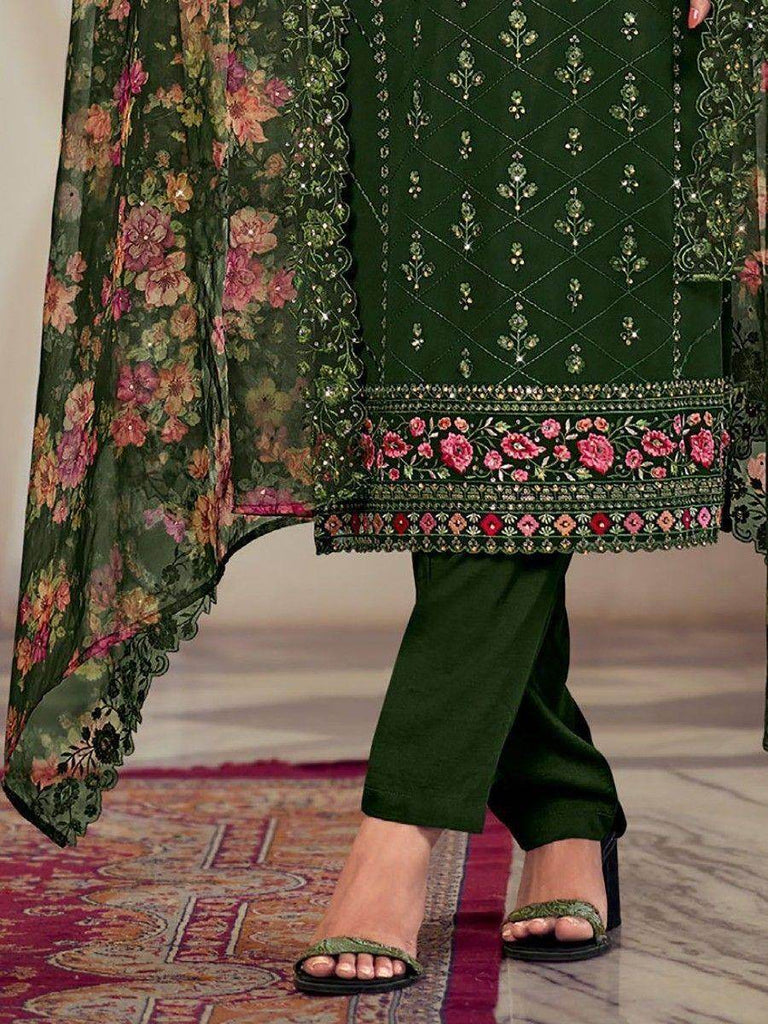 Awesome Green Embroidered Georgette Pant Suit With Dupatta