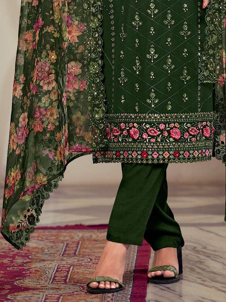 Green embroidered salwar kameez with floral dupatta and matching heels