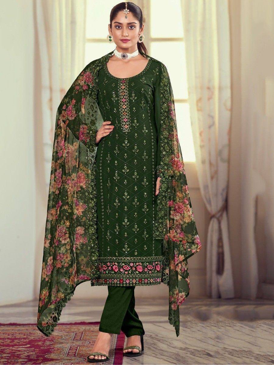 Green embroidered salwar kameez with floral dupatta, perfect for ethnic wear occasions.