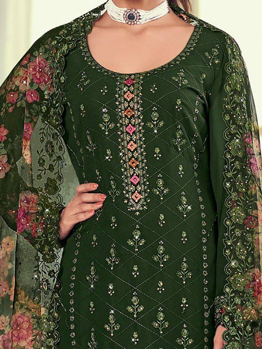 Emerald green embroidered salwar kameez with floral dupatta, perfect for Indian ethnic wear occasions