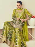 Awesome Green Embroidered Chinon Eid Sharara Suit With Dupatta