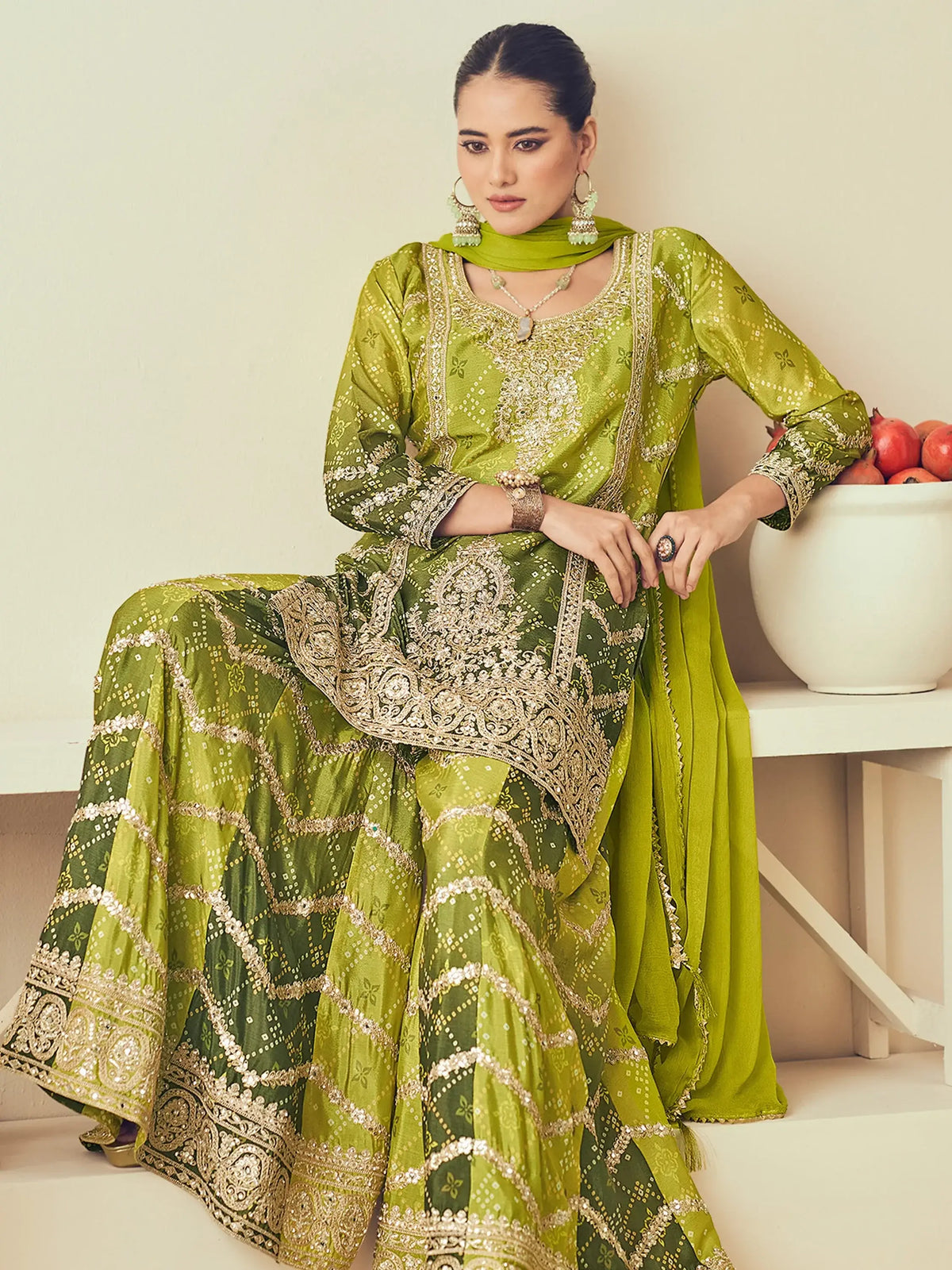 Awesome Green Embroidered Chinon Eid Sharara Suit With Dupatta
