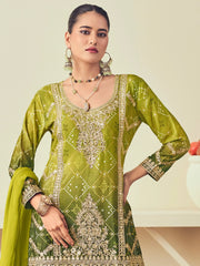 Awesome Green Embroidered Chinon Eid Sharara Suit With Dupatta