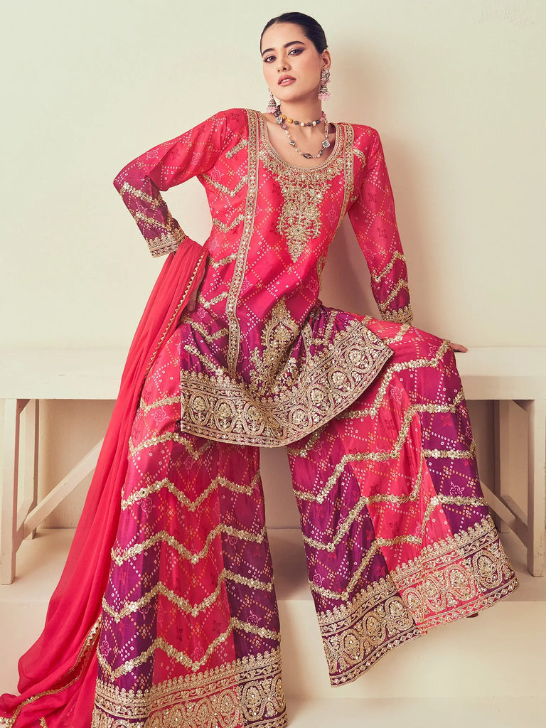 Marvelous Coral Red Embroidered Chinon Festival Wear Sharara Suit