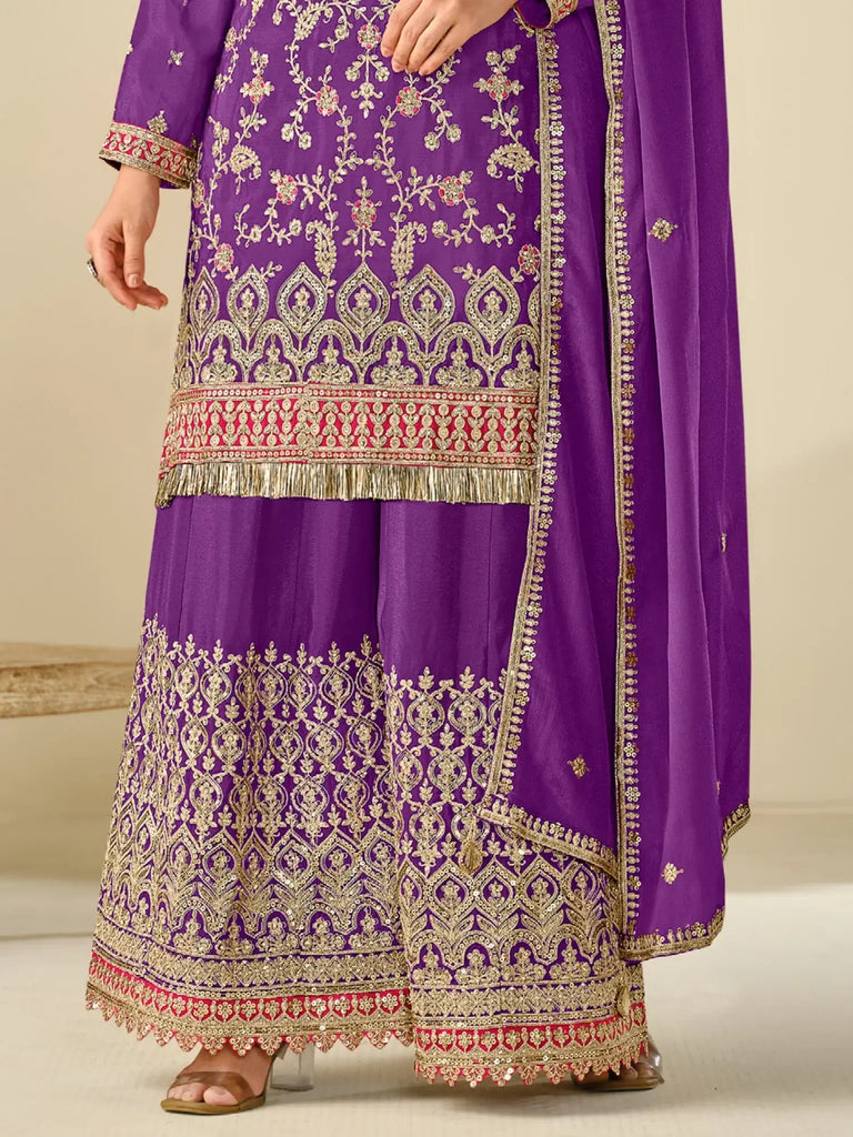 Glamorous Purple Zari Embroidered Chinon Eid Special Sharara Suit