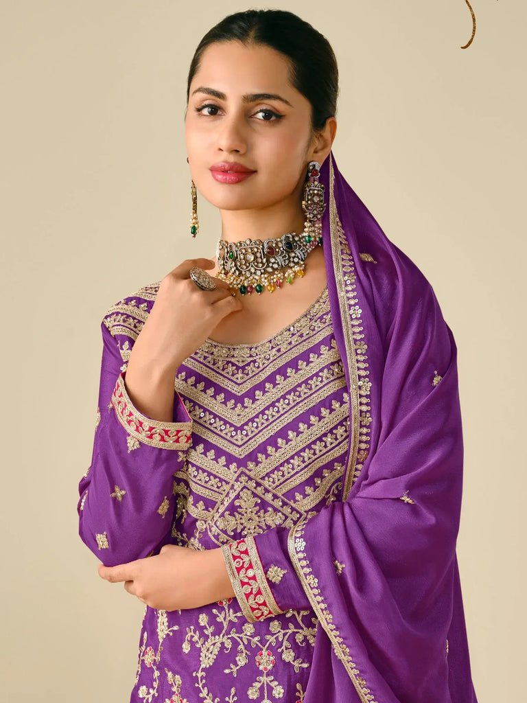 Glamorous Purple Zari Embroidered Chinon Eid Special Sharara Suit