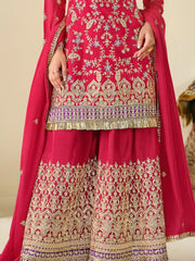 Bewitching Red Sequins Chinon Festival Wear Sharara Suit With Dupatta