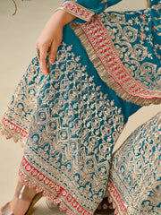 Attractive Teal Blue Embroidered Chinon Sharara Suit With Dupatta