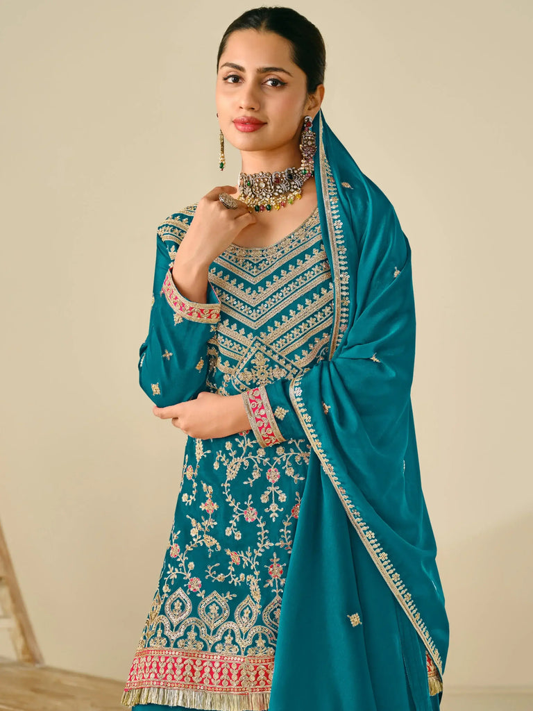 Attractive Teal Blue Embroidered Chinon Sharara Suit With Dupatta
