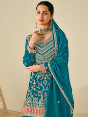 Attractive Teal Blue Embroidered Chinon Sharara Suit With Dupatta