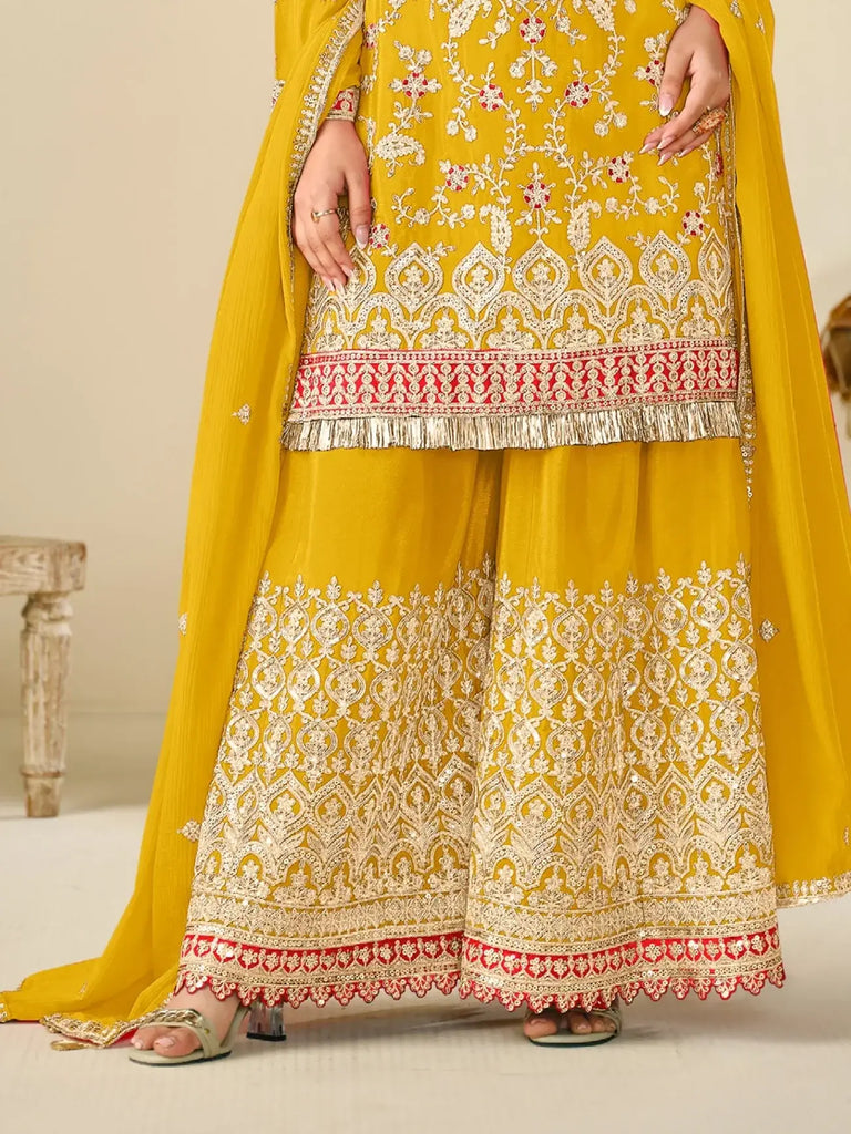 Precious Yellow Sequins Chinon Eid Sharara Suit With Dupatta