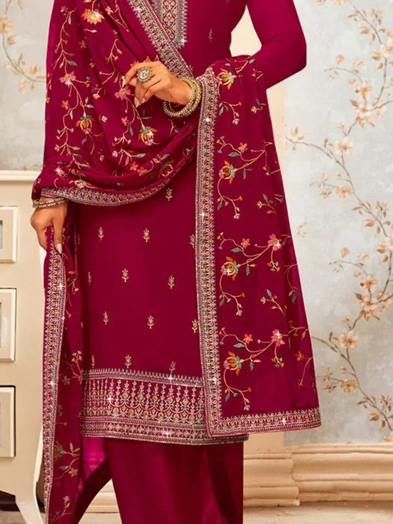 Bewitching Rani Pink Embroidered Georgette Festival Wear Palazzo Suit