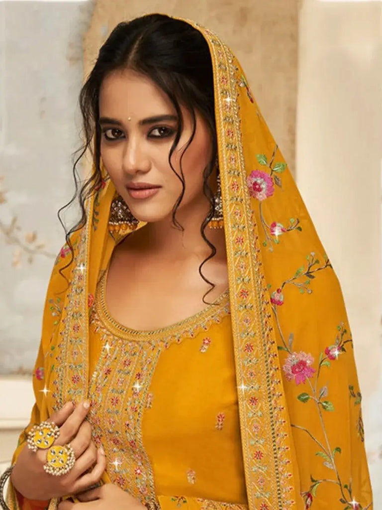 Attractive Yellow Embroidered Georgette Haldi Wear Palazzo Suit