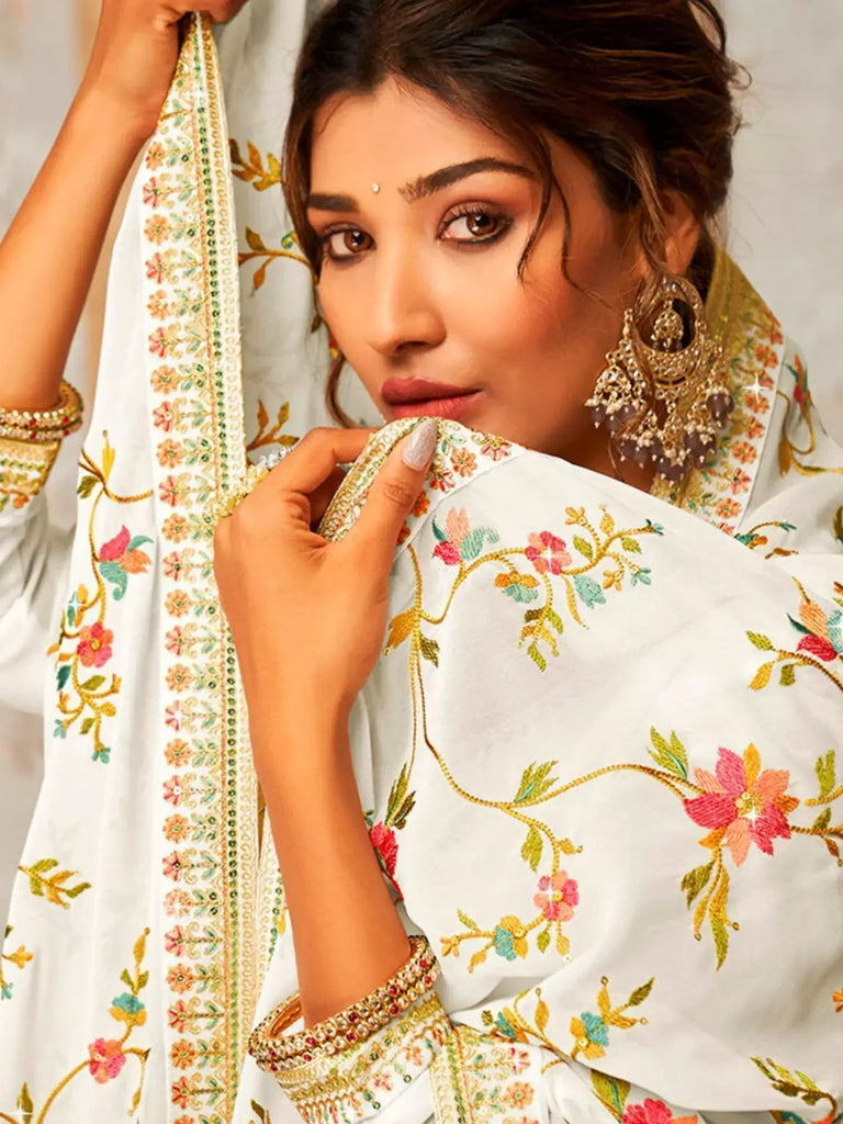 Gorgeous White Embroidered Georgette Traditional Palazzo Suit