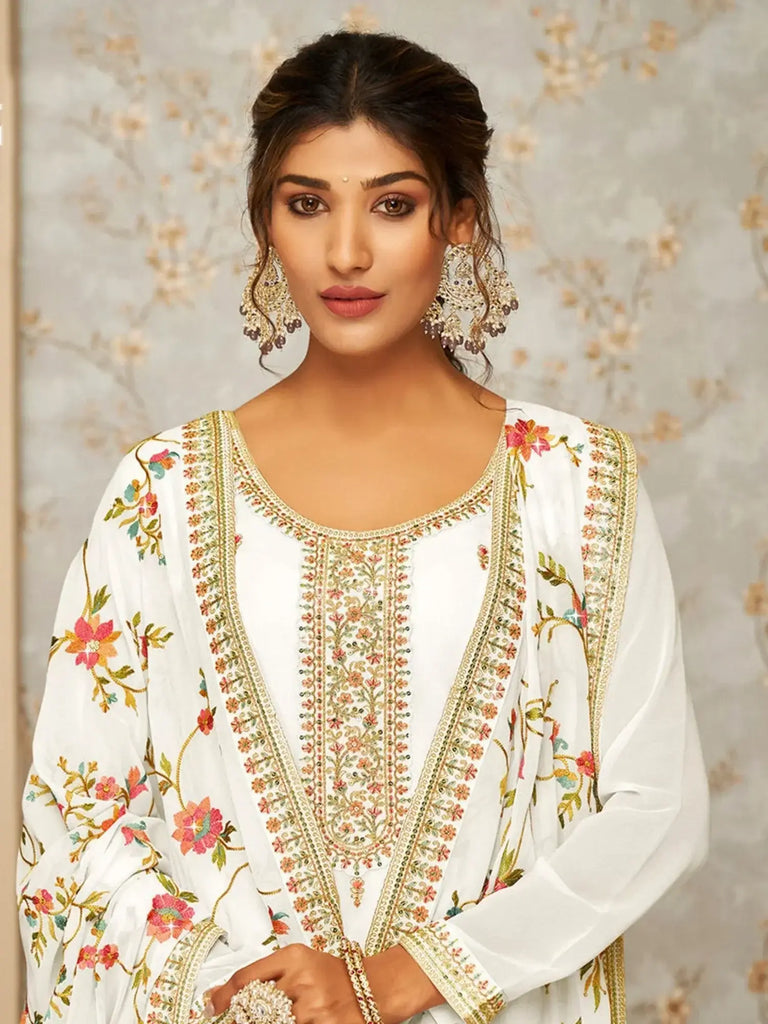 Gorgeous White Embroidered Georgette Traditional Palazzo Suit