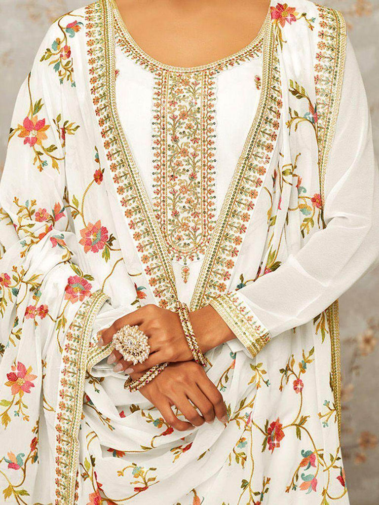 Gorgeous White Embroidered Georgette Traditional Palazzo Suit