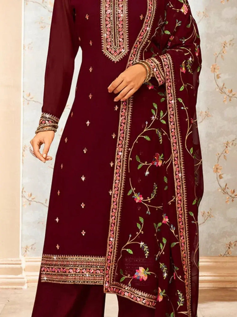 Stunning Maroon Embroidered Georgette Function Wear Palazzo Suit