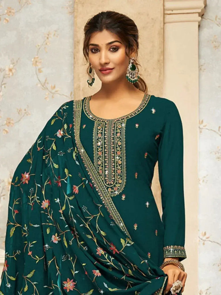 Enchanting Green Embroidered Georgette Mehendi Wear Palazzo Suit