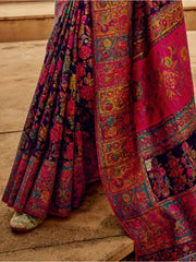 Attractive Navy Blue Zari Weaving Silk Traditional Saree With Blouse