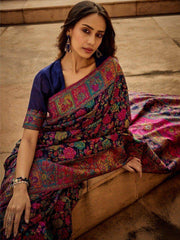 Attractive Navy Blue Zari Weaving Silk Traditional Saree With Blouse