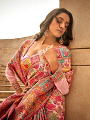 Beautiful Peach Zari Weaving Silk Festival Wear Saree With Blouse