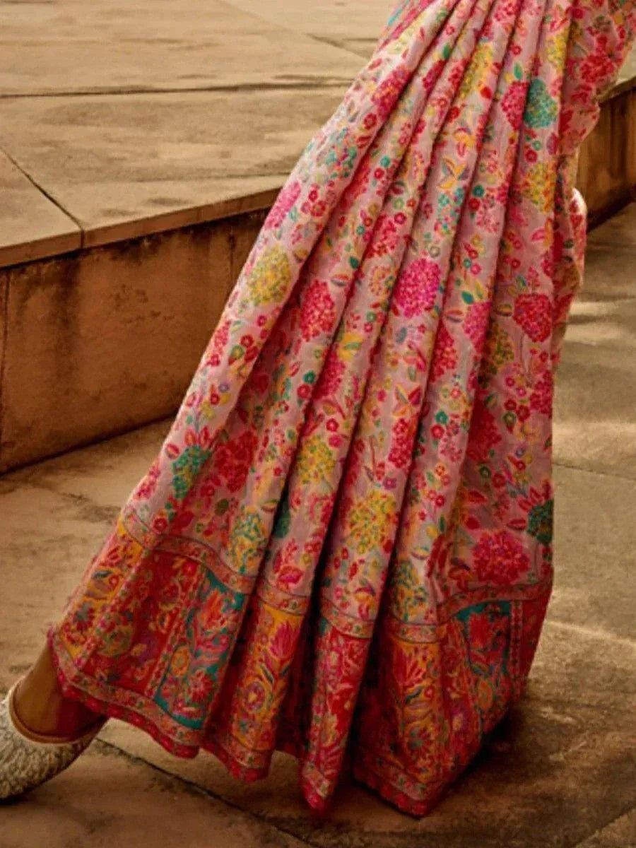 Pink floral printed lehenga with colorful border, styled for Indian ethnic wear