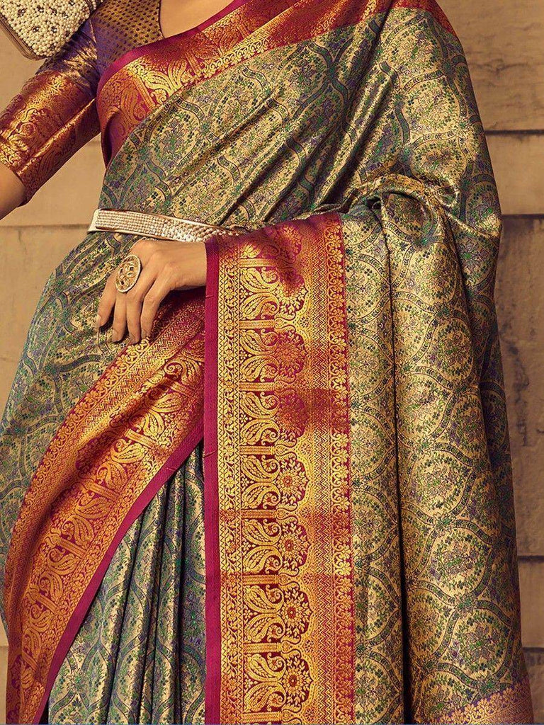 Adorable Grey Zari Weaving Silk Wedding Wear Saree With Blouse