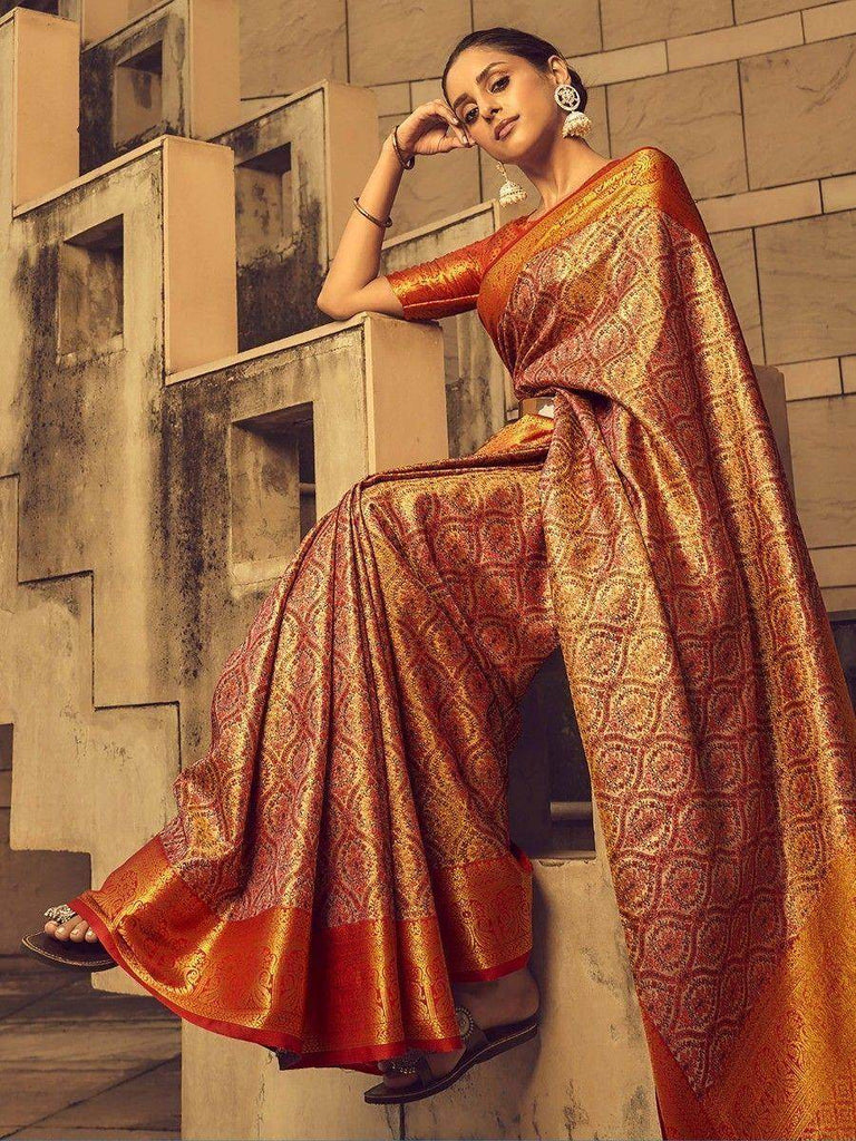 Charming Orange Zari Woven Silk Festival Wear Saree With Blouse