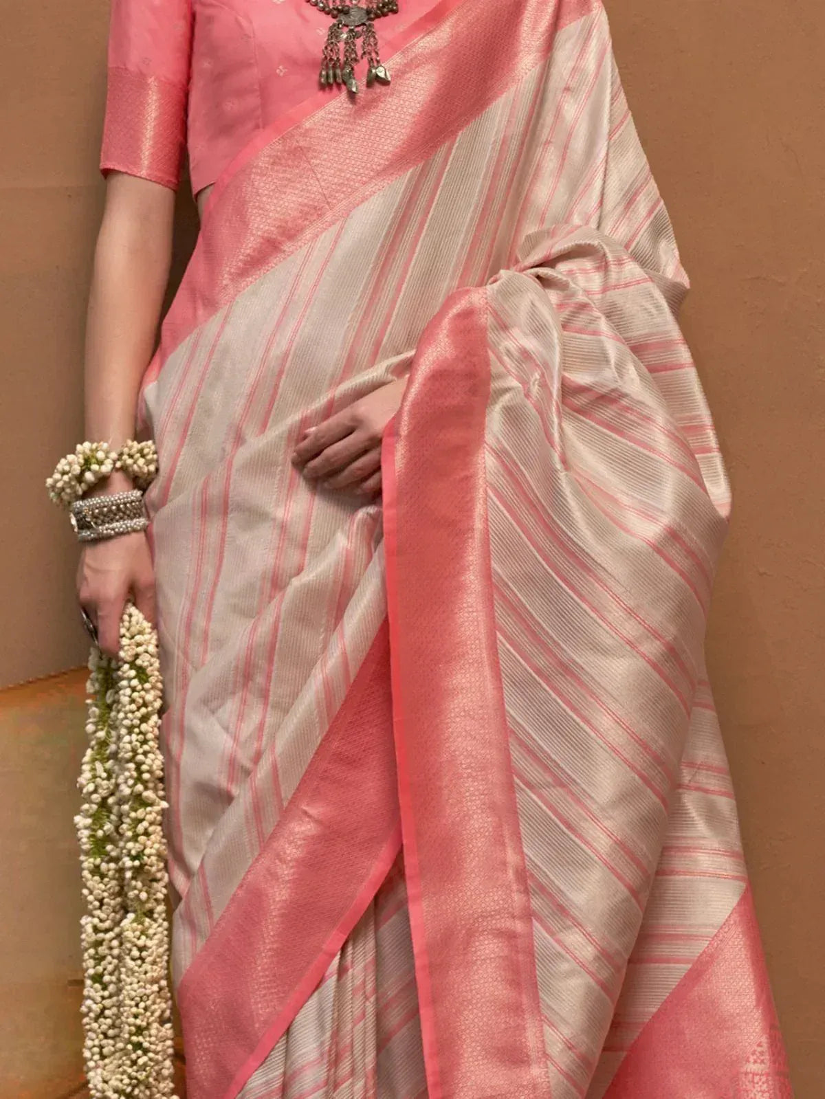 Pink and cream striped silk saree with matching blouse, traditional Indian ethnic wear