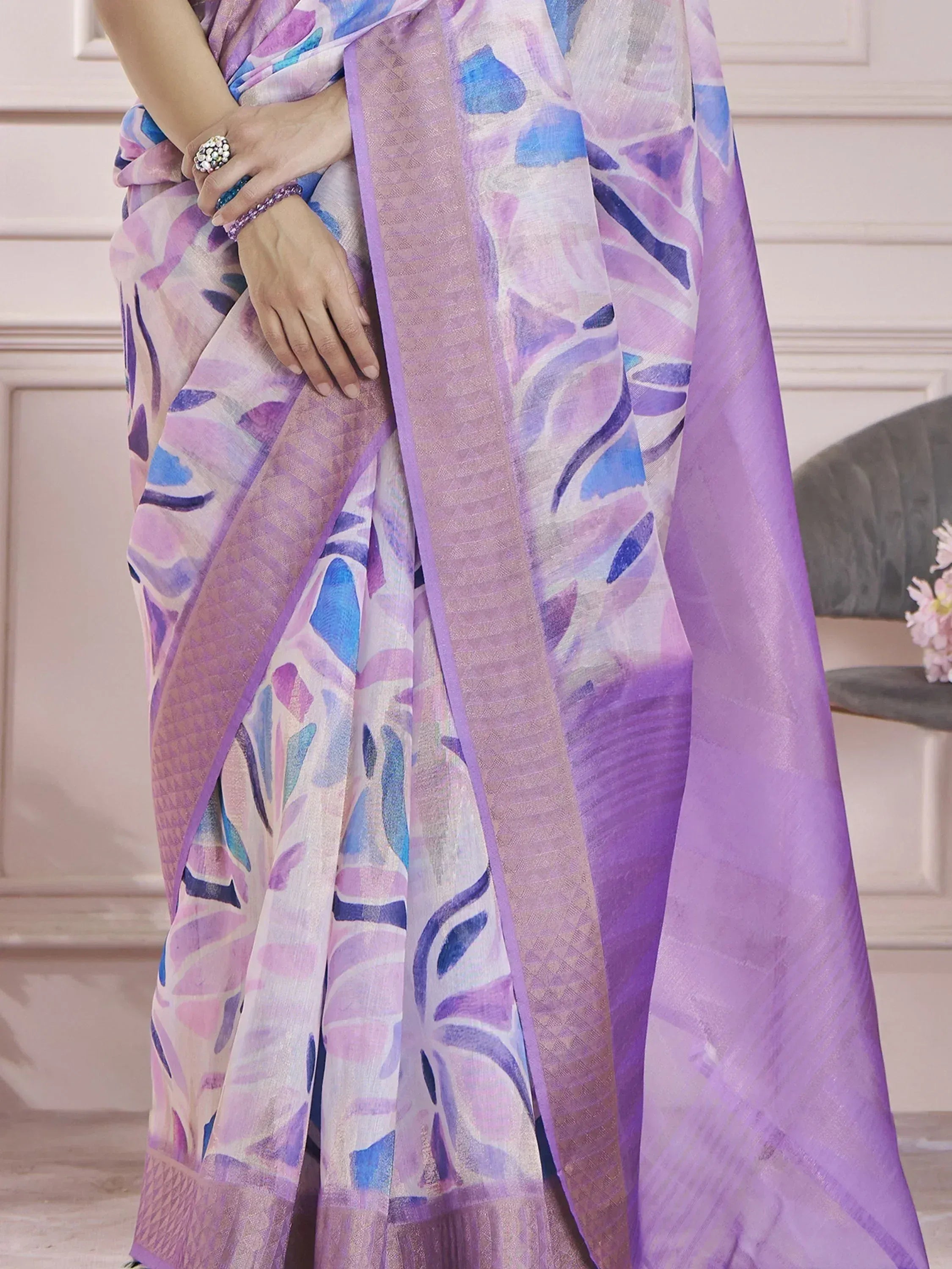 Purple and blue floral print saree with woven border, Indian ethnic wear