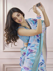 Exquisite Sky Blue Digital Printed Silk Festival Wear Saree With Blouse