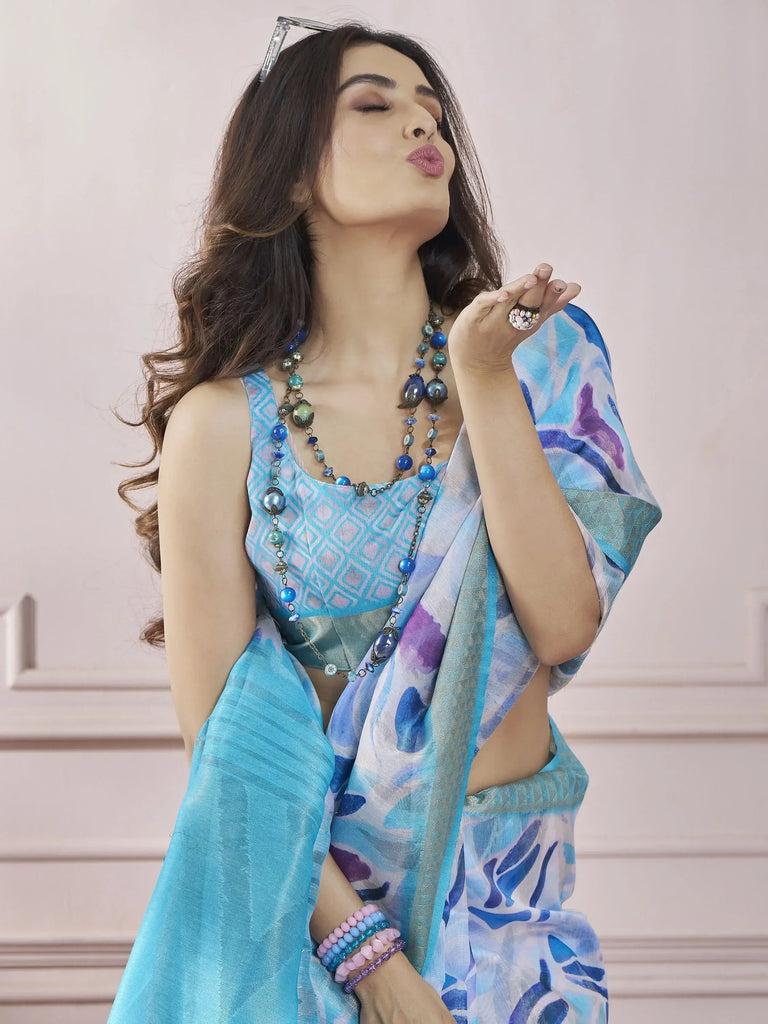 Exquisite Sky Blue Digital Printed Silk Festival Wear Saree With Blouse