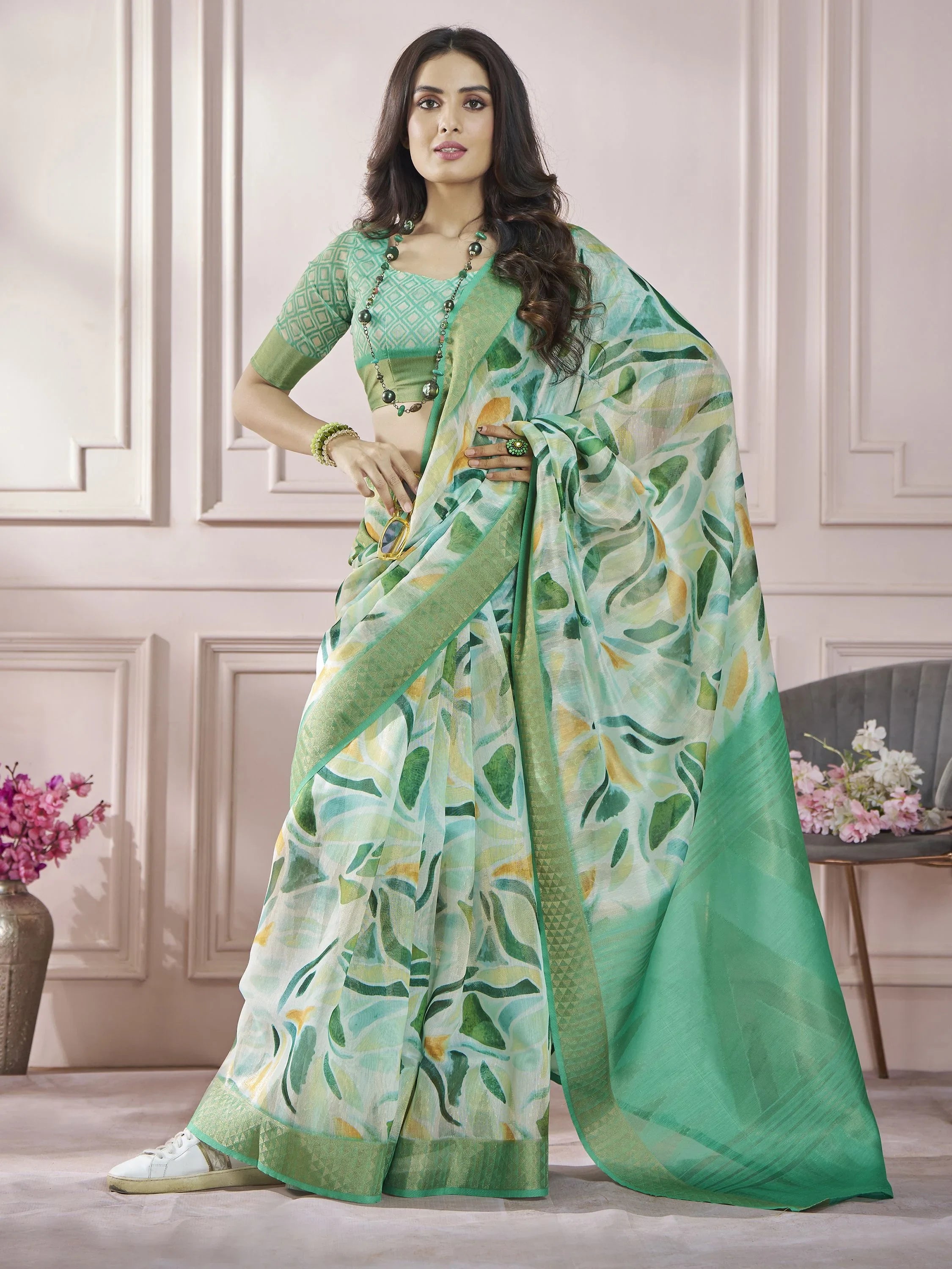 Adorable Green Digital Printed Silk Festival Wear Saree With Blouse