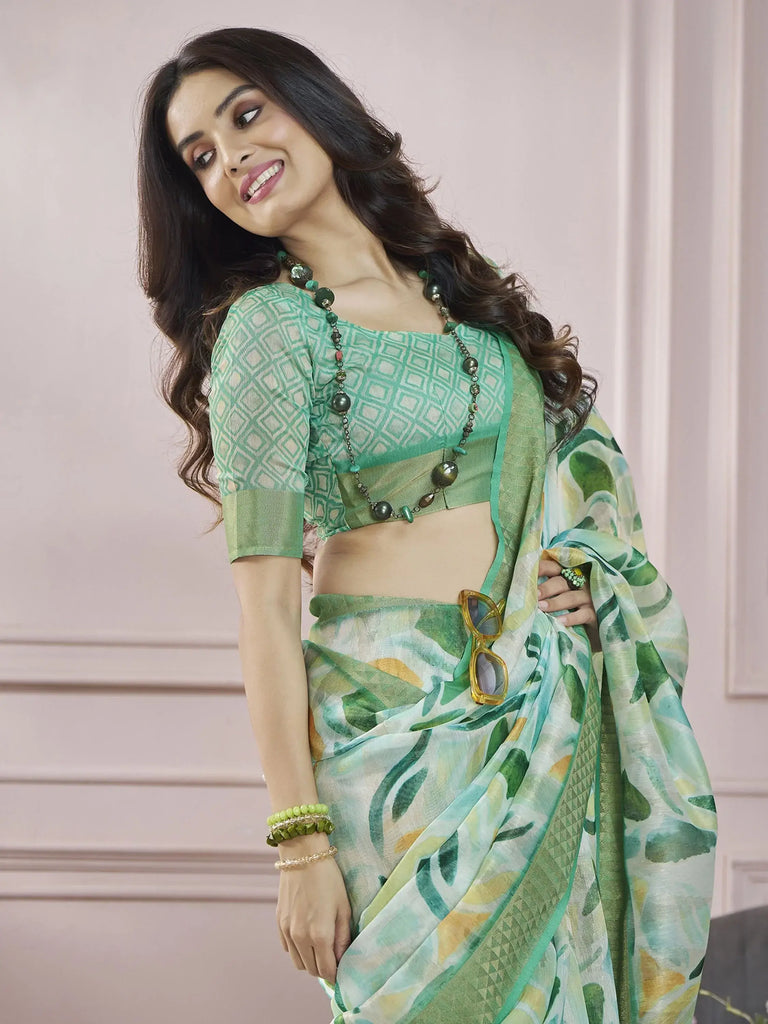 Adorable Green Digital Printed Silk Festival Wear Saree With Blouse